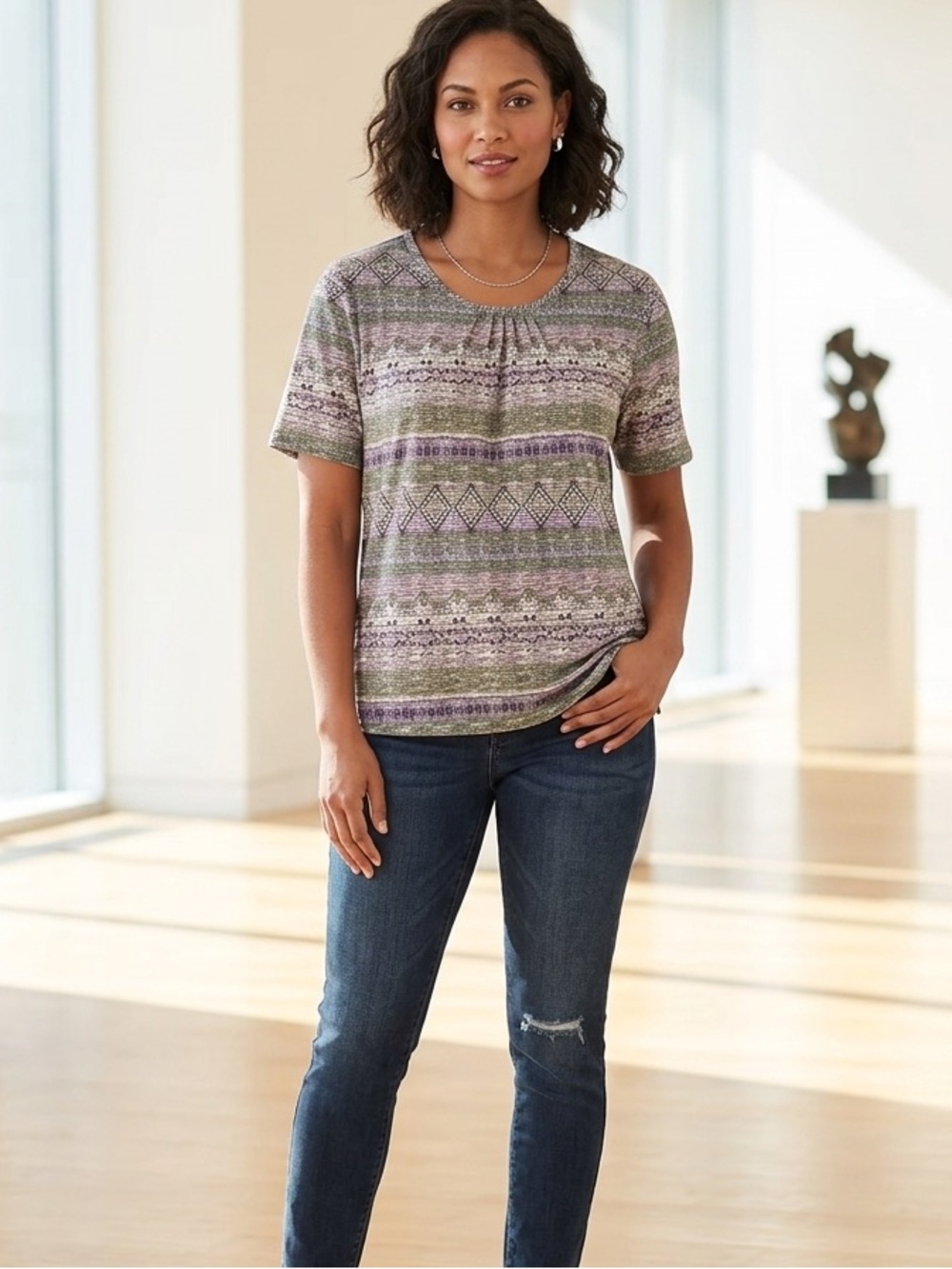 Bon Worth Short Sleeve Blouse - Green, Blue & White